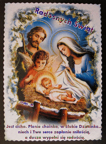 Kartka Jest cicho. P�onie choinka, w ��obie Dziecinka ...