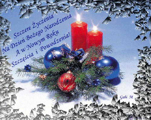 �wi�teczna kompozycja z ga��zkami �wierku, czerwonymi �wiecami, bombkami i �yczeniami Bo�ego Narodzenia w ramce z szronu