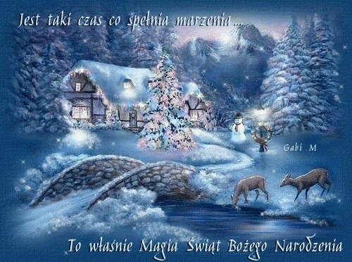 Zimowy pejza� z o�nie�onym domkiem, choink�, mostkiem, jeleniem, ba�wanem i napisem �wi�tecznym