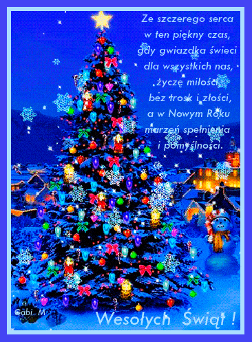 O�wietlona choinka, spadaj�ce p�atki �niegu, �yczenia bo�onarodzeniowe, nocny krajobraz miasteczka i napis Weso�ych �wi�t