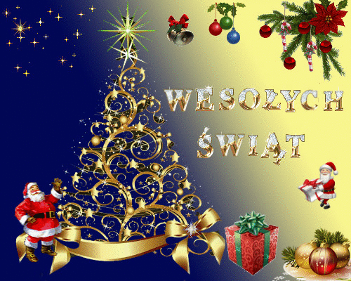 Z�ota choinka, �wi�ty Miko�aj, prezenty, bombki i napis Weso�ych �wi�t na niebiesko-��tym tle