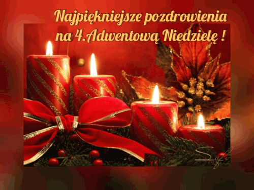 Cztery p�on�ce czerwone �wiece adwentowe, czerwona kokarda, gwiazda betlejemska i z�oty napis z pozdrowieniami