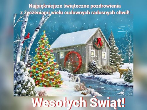 O�nie�ony m�yn wodny, o�wietlona choinka, kardyna� oraz jele� z napisem Weso�ych �wi�t