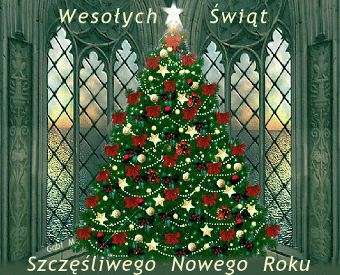 Udekorowana choinka na tle gotyckiego okna z napisem Weso�ych �wi�t i Szcz�liwego Nowego Roku
