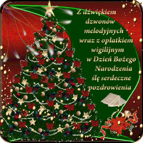Bogato ubrana choinka, �yczenia bo�onarodzeniowe, gwiazda betlejemska, czerwone kokardy i z�ote �a�cuchy na czerwonym tle