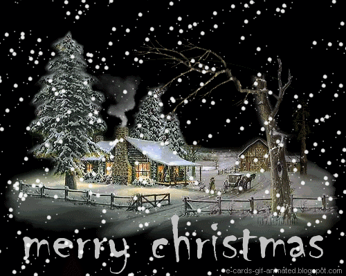 Zimowa chata noc�, o�nie�one drzewa, padaj�cy �nieg, pow�z konny i napis merry christmas