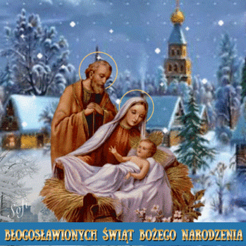 �wi�ta Rodzina w ���bku w zimowej scenerii z wie�� ko�cio�a i napisem B�ogos�awionych �wi�t