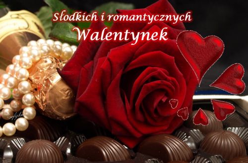 Czerwona r�a, bombonierka z czekoladkami, szampan, sznur pere�, czerwone serca i napis Walentynki