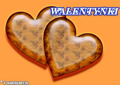 Dwa l�ni�ce serca z motywem piesk�w na pomara�czowym tle i napis Walentynki