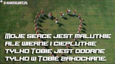 Orkiestra d�ta w czerwonych strojach u�o�ona w kszta�cie serca na trawie z mi�osnym wierszem