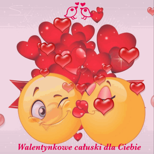 Dwie ca�uj�ce si� ��te bu�ki emoji otoczone chmur� czerwonych serc i napisem Walentynkowe ca�uski dla Ciebie