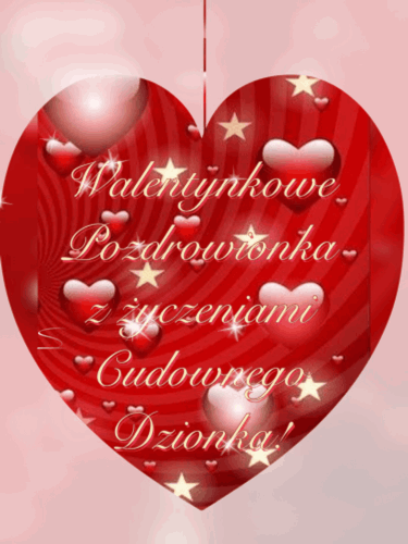 Czerwone wisz�ce serce w gwiazdki i ma�e serduszka z napisem Walentynkowe pozdrowienia