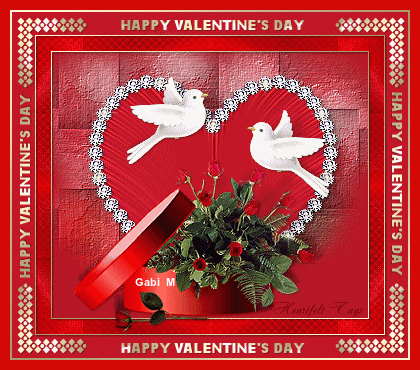 Dwa bia�e go��bie, czerwone serce, bukiet r� w pude�ku i napis Happy Valentine's Day