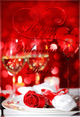 Romantyczna kolacja z czerwona r�a, kieliszkami wina i napisem Happy Valentines Day na czerwonym tle