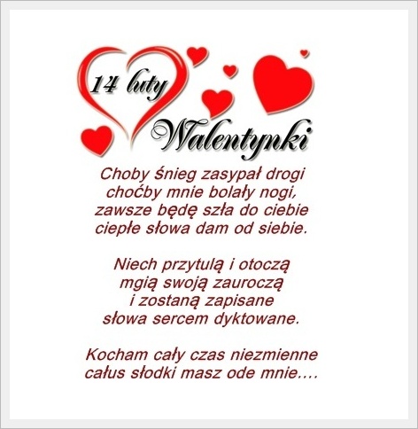 Czerwone serca i napis Walentynki na bia�ym tle z romantycznym wierszem mi�osnym