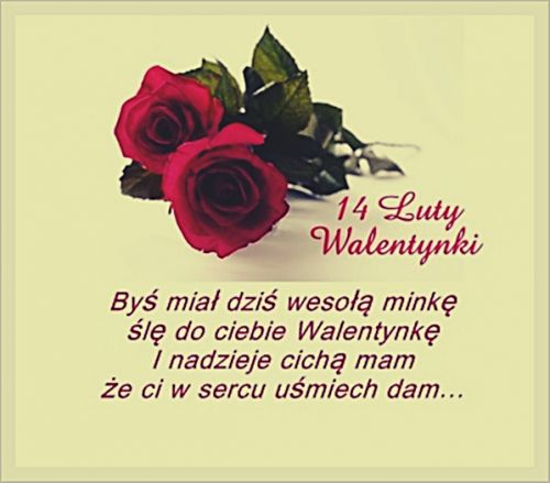 Dwie czerwone r�e z li��mi oraz napis 14 luty walentynki i wiersz mi�osny