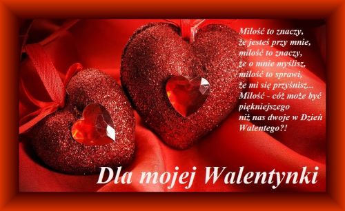 Dwa czerwone serca z kryszta�kami na tle materia�u, napisy mi�osne i walentynkowe �yczenia