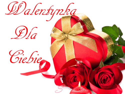 Czerwone pude�ko w kszta�cie serca ze z�ot� wst��k�, czerwone r�e i napis Walentynka Dla Ciebie