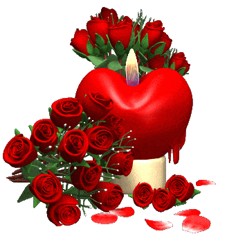 P�on�ca �wieca w kszta�cie czerwonego serca otoczona bukietem czerwonych r� i p�atkami kwiat�w