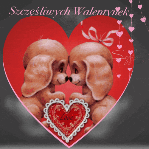 Dwa urocze pieski na tle du�ego czerwonego serca z napisem Szcz�liwych Walentynek