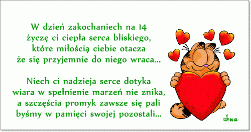 Kot Garfield trzyma du�e czerwone serce, obok walentynkowy wiersz i unosz�ce si� serduszka
