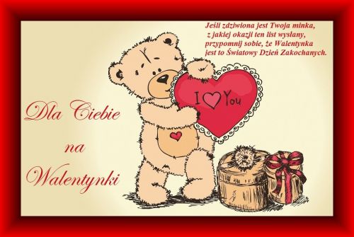 Pluszowy mi� trzyma czerwone serce z napisem I love you oraz prezenty i walentynkowy wierszyk