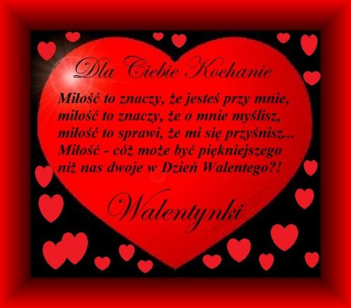 Wielkie czerwone serce z romantycznym wierszem oraz napisem Walentynki w czerwonej ramce