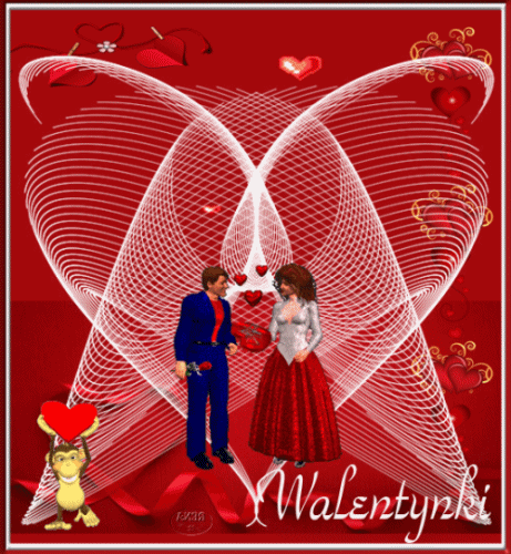 Zakochana para na tle bia�ych linii i serc z napisem Walentynki