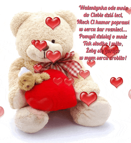 Du�y pluszowy mi� trzyma czerwone serce i ma�y mi�, wok� unosz� si� serca i wiersz