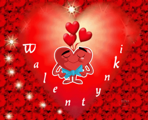 Czerwone serce z niebiesk� muszk� w otoczeniu czerwonych r� i napisem Walentynki