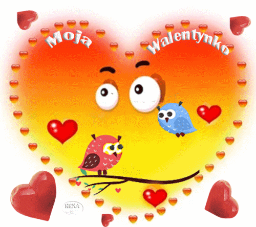 Dwie sowy siedz�ce na ga��zi wewn�trz wielkiego serca z napisem Moja Walentynko