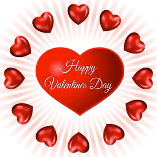 Du�e czerwone serce z napisem Happy Valentines Day otoczone mniejszymi sercami na promienistym tle