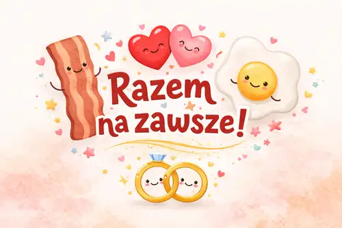 U�miechni�te postacie bekonu, jajka sadzonego, serc i obr�czek oraz napis Razem na zawsze