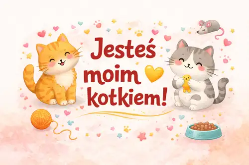Dwa urocze kotki z napisem Jesteś moim kotkiem, serduszka, kłębek włóczki i miska z karmą