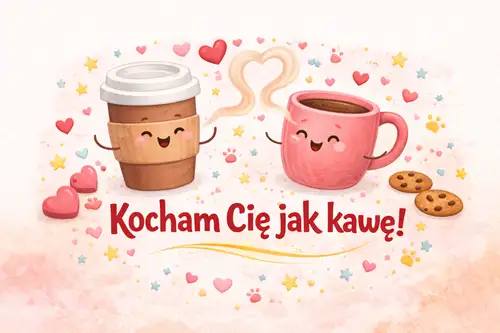 Dwa uśmiechnięte kubki z kawą, serduszka, ciasteczka i napis Kocham Cię jak kawę