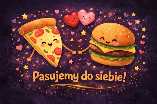 U�miechni�te kawa�ek pizzy i burger trzymaj� si� za r�ce w�r�d serduszek i napis Pasujemy do siebie