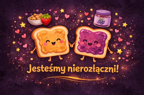 Dwie uśmiechnięte kromki chleba trzymające się za ręce, słoik dżemu, orzechy, truskawka i napis Jesteśmy nierozłączni