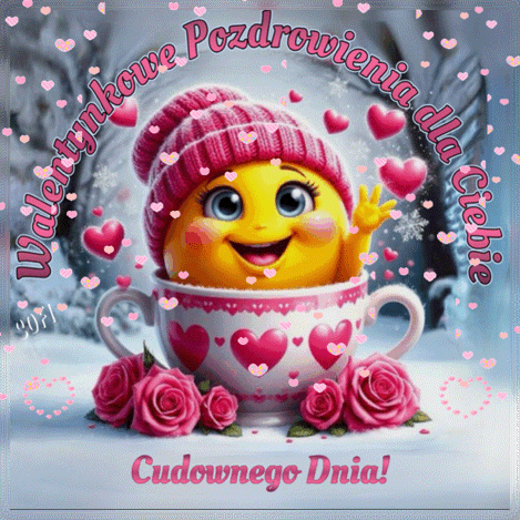 ��ta bu�ka w r�owej czapce i fili�ance z sercami oraz r�ami i napisami Walentynkowe Pozdrowienia dla Ciebie Cudownego Dnia