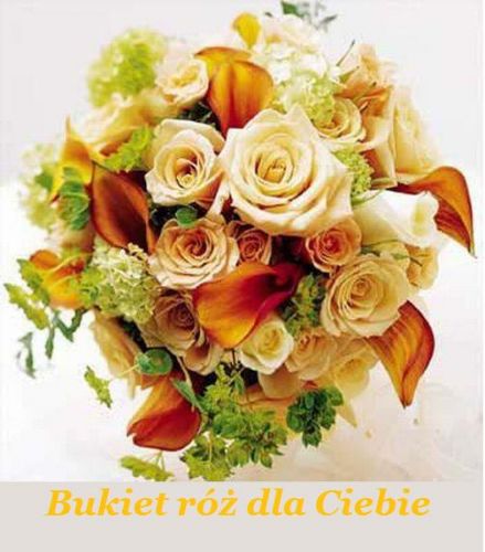 Elegancki bukiet kremowych r� i pomara�czowych kalii z napisem Bukiet r� dla Ciebie