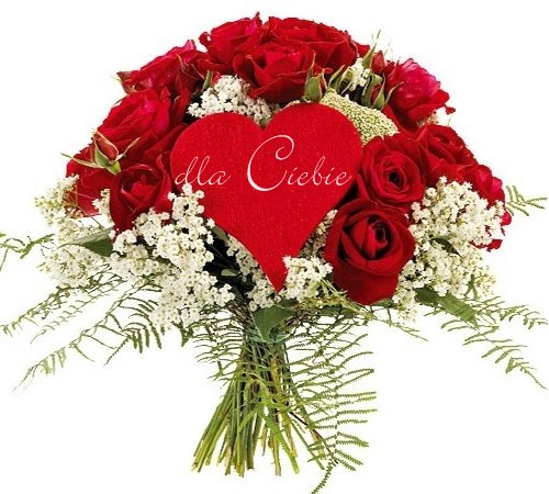 Bukiet czerwonych r� z gips�wk�, ozdobiony czerwonym sercem z napisem dla Ciebie