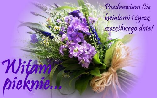 Fioletowy bukiet polnych kwiat�w przewi�zany wst��k� na fioletowym tle z napisem Witam pi�knie