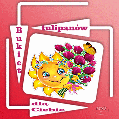 U�miechni�te s�o�ce trzyma bukiet fioletowych tulipan�w z motylem, wok� napisy Bukiet tulipan�w dla Ciebie