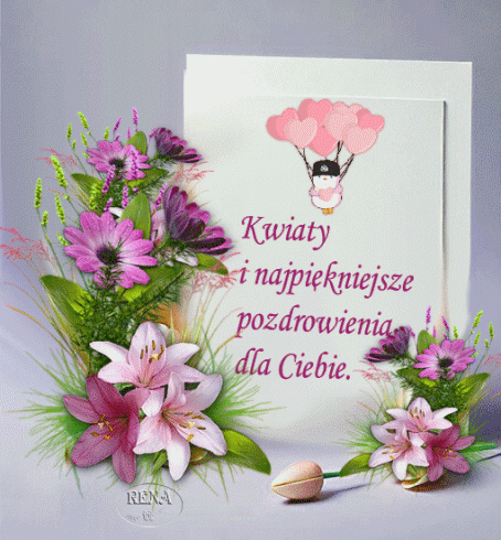 Bukiety fioletowych i r�owych kwiat�w oraz napis Kwiaty i najpi�kniejsze pozdrowienia dla Ciebie