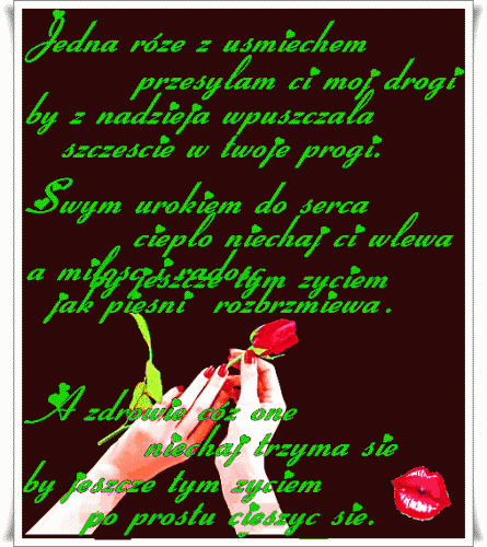 D�onie trzymaj�c czerwon� r�� na tle wiersza o mi�o�ci i zielonych napis�w