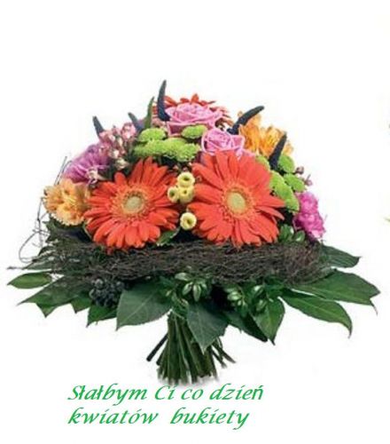 Kolorowy bukiet z pomara�czowych gerber, r� i zielonych dodatk�w z zielonym napisem na dole