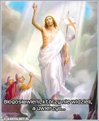 Zmartwychwstały Jezus Chrystus w białych szatach z chorągwią, podnoszący rękę, oraz śpiący żołnierze w chmurach