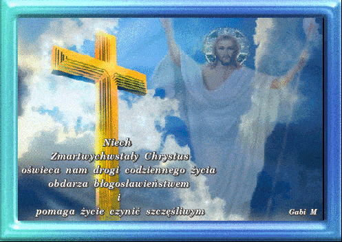 Jezus Chrystus w obłokach, złoty krzyż i wielkanocne życzenia w niebieskiej ramce