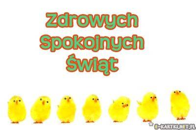 Żółte kurczątków stoją w rzędzie pod napisem Zdrowych Spokojnych Świąt