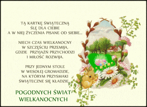 Życzenia wielkanocne, zajączek, pisanki, bazie, kwiaty, wiosenny pejzaż i napis Pogodnych Świąt Wielkanocnych