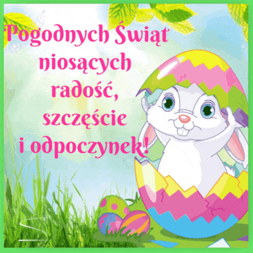Uroczy kr�liczek w wielkanocnym jajku z �yczeniami Pogodnych �wi�t i zielon� traw� w tle